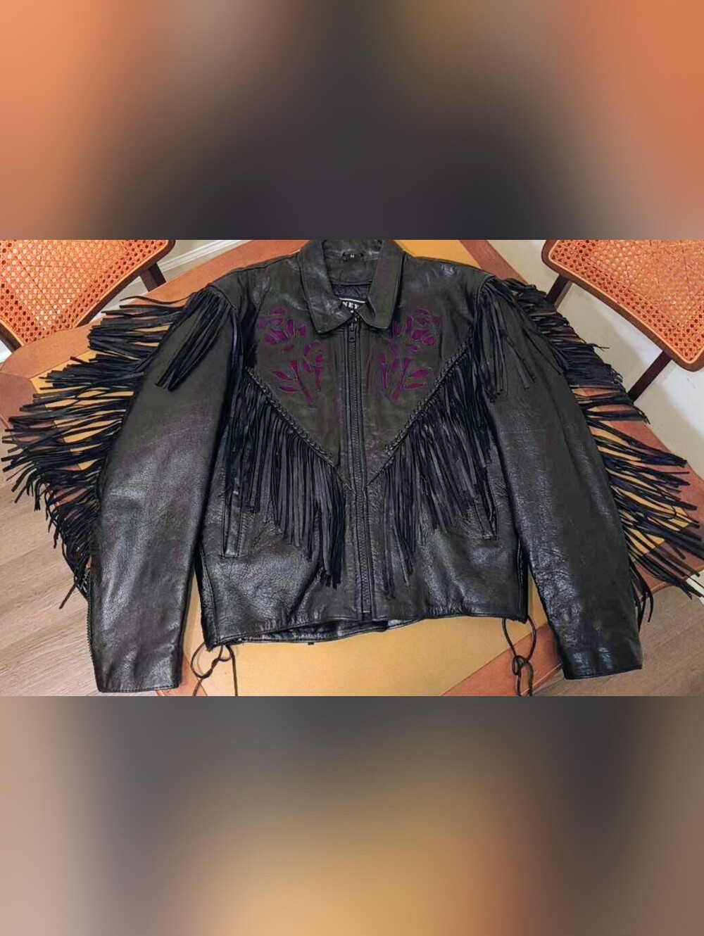 True Vintage 80s Barney's Leather Fringe Western Jacket Purple Suede Rose Back M